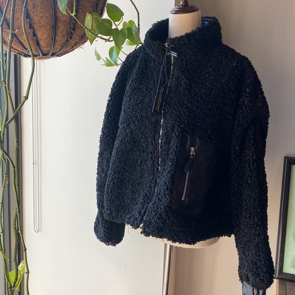 Faux Fur Shearling with Vegan Leather Trim Bomber Jacket - XL - Picture 3 of 7